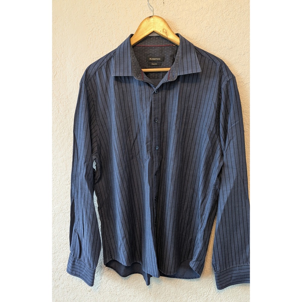 Bugatchi Mens Navy Blue Striped Shaped Fit Long Sleeve Cotton Button Down Shirt
